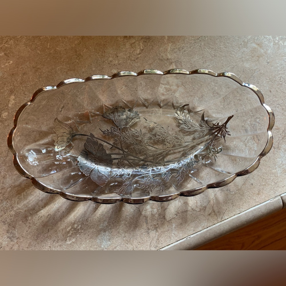 Vintage Sterling Silver City On Clear Crystal Flanders Flowers Oval Bowl Plate